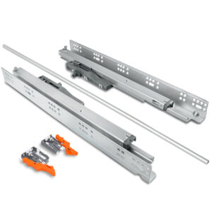 19mm push-open synchronized undermount drawer slides with 75 lb capacity, designed for wide kitchen and cabinet drawers