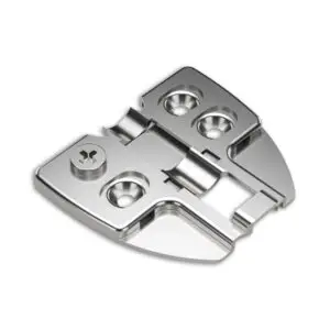 T-X hinge mounting plate for frameless cabinets with cam adjustment and nickel finish