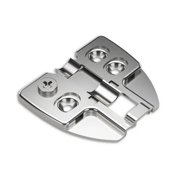 T-X hinge mounting plate for frameless cabinets with cam adjustment and nickel finish