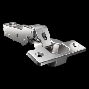 Half overlay soft-close 3D cabinet hinge with nickel-plated finish, angle restrictor, and gap alignment system for double-door cabinet designs