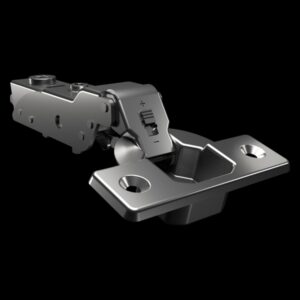 Half overlay soft-close 3D cabinet hinge with nickel-plated finish, angle restrictor, and gap stability system for double-door cabinet designs