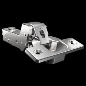Full overlay soft-close 3D cabinet hinge with nickel-plated finish, cam adjustment, and angle restrictor for modern cabinetry