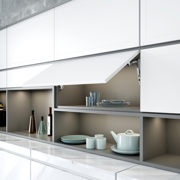 Slim upward door lift installed in a shallow wall cabinet