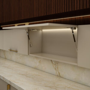 Upward gas strut mounted inside a cabinet